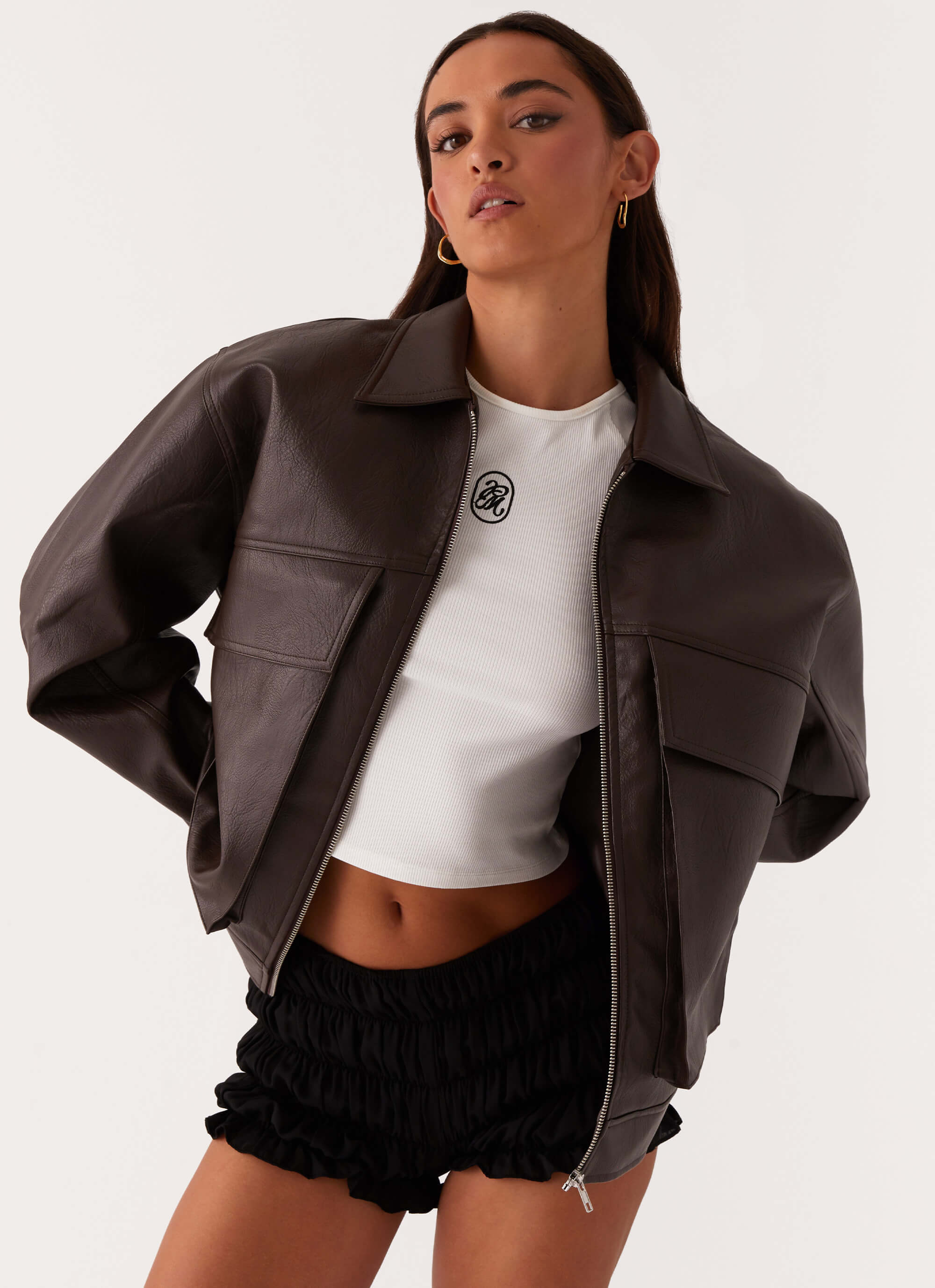 Lula Faux Leather Bomber Jacket - Chocolate - Image 4