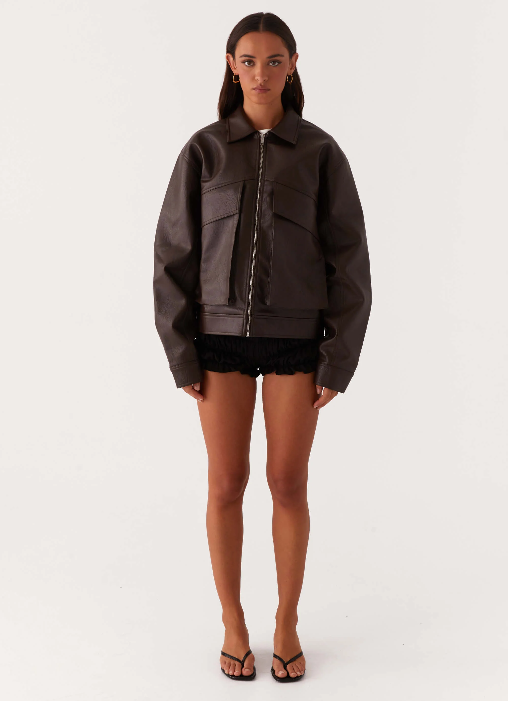 Lula Faux Leather Bomber Jacket - Chocolate - Image 5