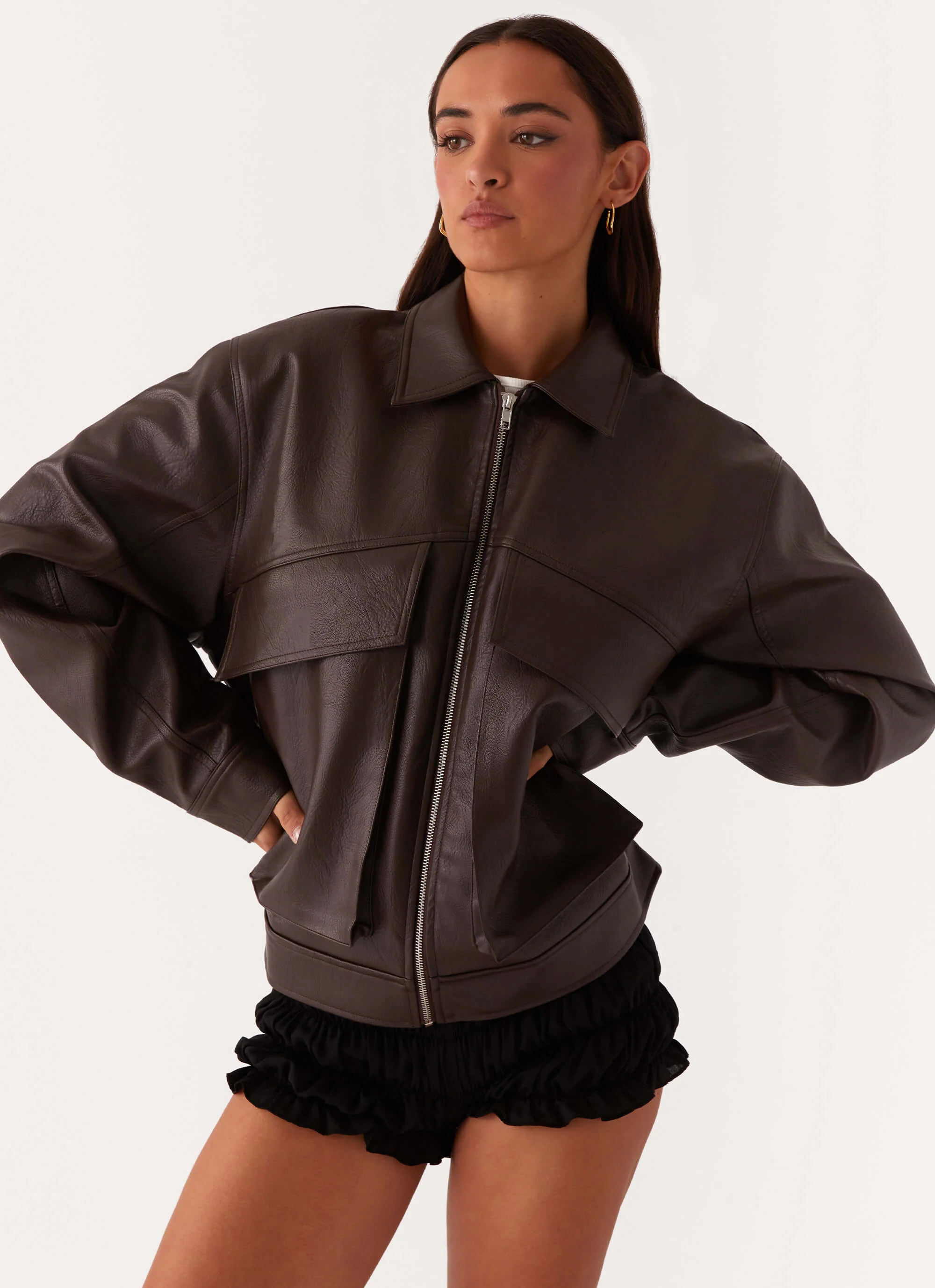 Lula Faux Leather Bomber Jacket - Chocolate - Image 8