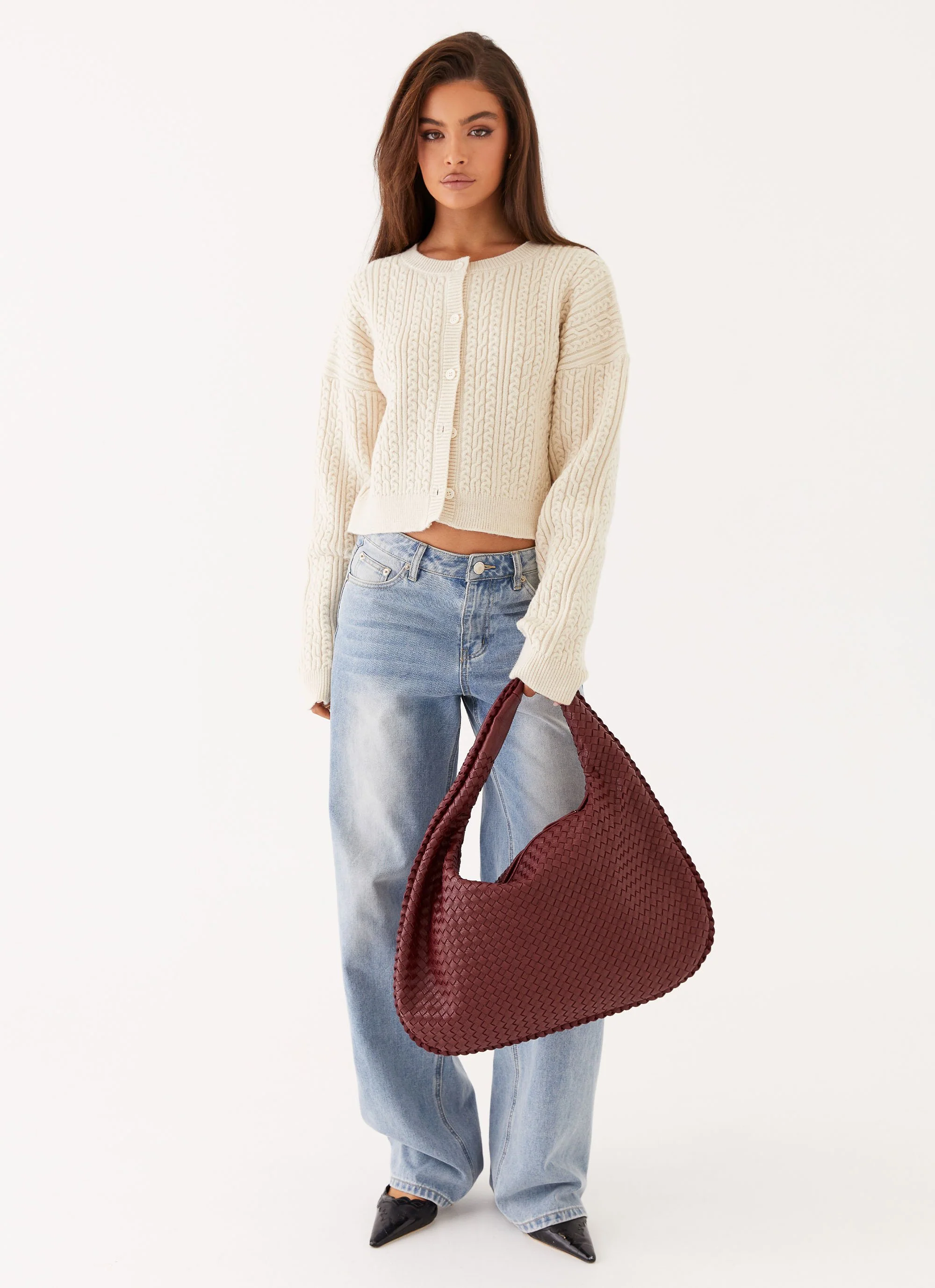 Oriona Woven Handbag - Dark Red - Image 2